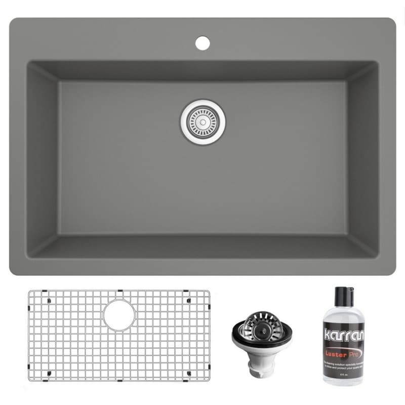 QT-812 Quartz Top Mount/Drop-In Large Single Bowl Kitchen Sink Kit, 33" x 22" x 9", Gray
