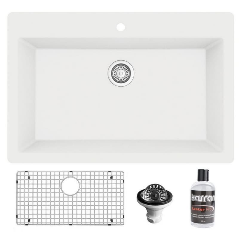 QT-812 Quartz Top Mount/Drop-In Large Single Bowl Kitchen Sink Kit, 33" x 22" x 9", White