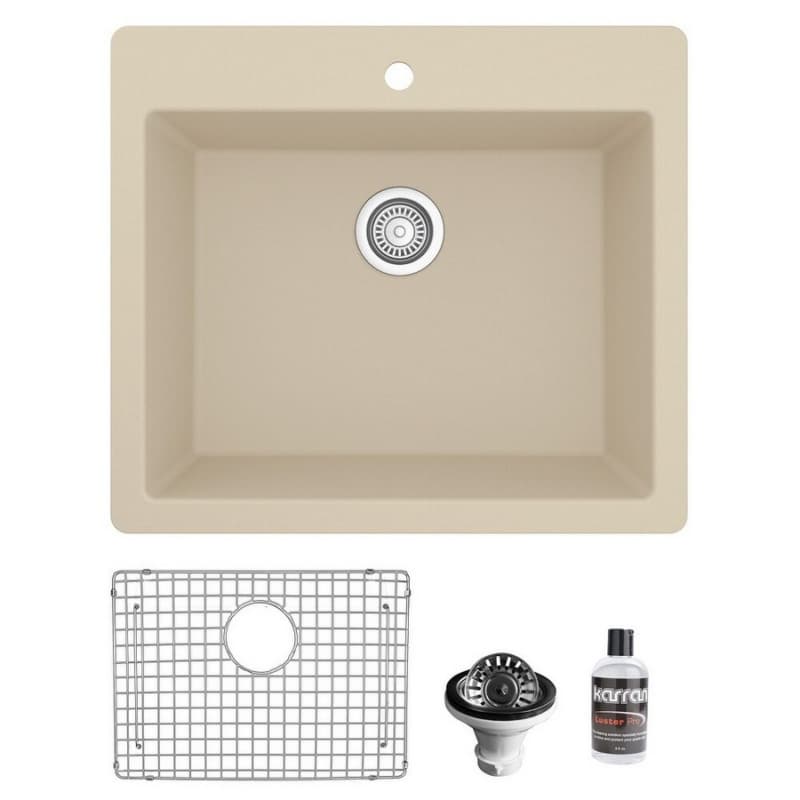 QT-820 Quartz Top Mount/Drop-In Single Bowl Kitchen Sink Kit, 25" x 22" x 9", Bisque