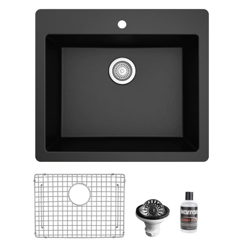 QT-820 Quartz Top Mount/Drop-In Single Bowl Kitchen Sink Kit, 25" x 22" x 9", Black