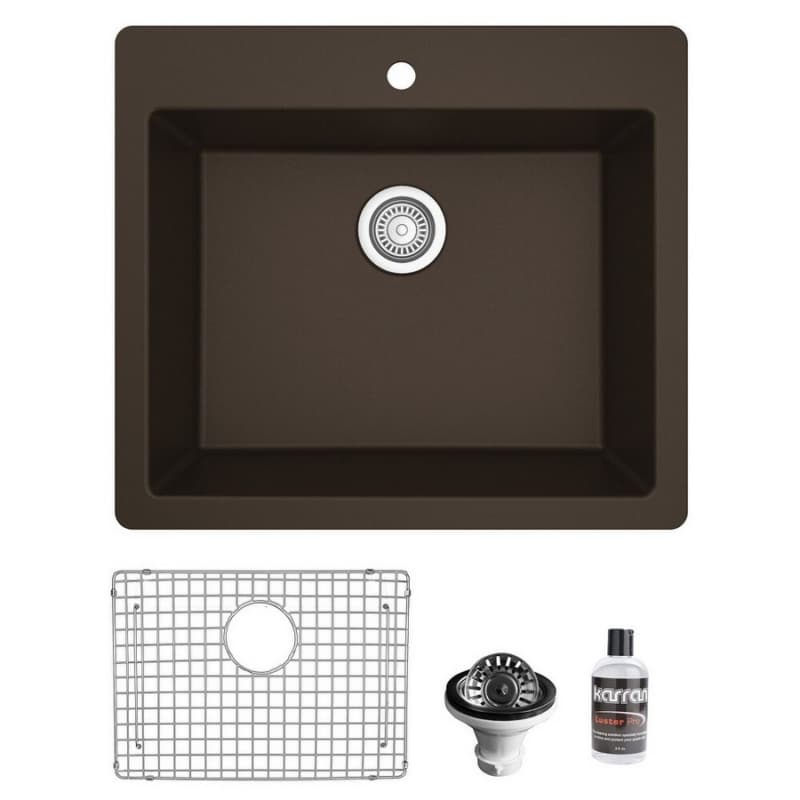 QT-820 Quartz Top Mount/Drop-In Single Bowl Kitchen Sink Kit, 25" x 22" x 9", Brown