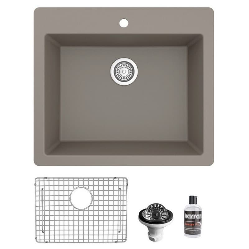 QT-820 Quartz Top Mount/Drop-In Single Bowl Kitchen Sink Kit, 25" x 22" x 9", Concrete