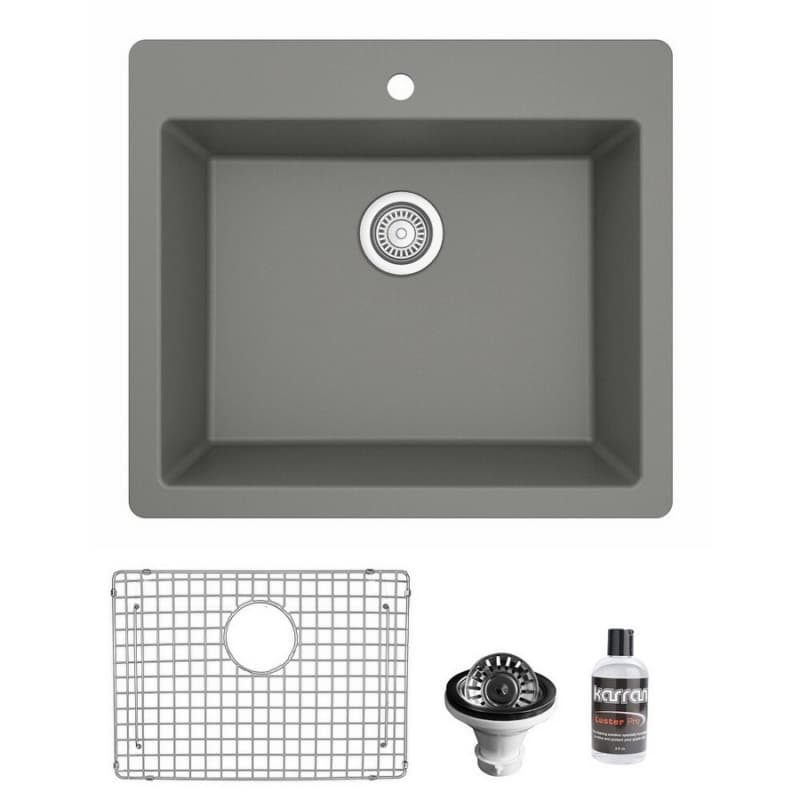 QT-820 Quartz Top Mount/Drop-In Single Bowl Kitchen Sink Kit, 25" x 22" x 9", Gray