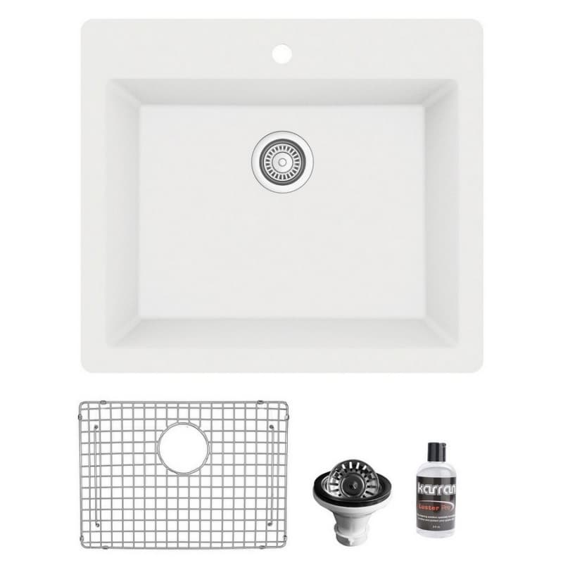 QT-820 Quartz Top Mount/Drop-In Single Bowl Kitchen Sink Kit, 25" x 22" x 9", White