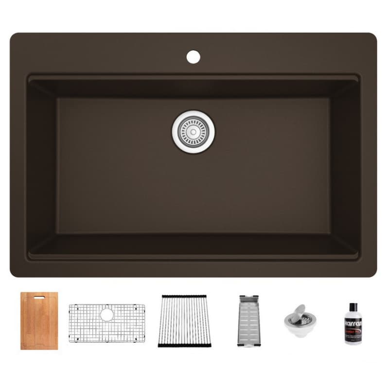 QTWS-875 Quartz Top Mount/Drop-In Large Single Bowl Workstation Kitchen Sink with Accessories, 33" x 22" x 9", Brown