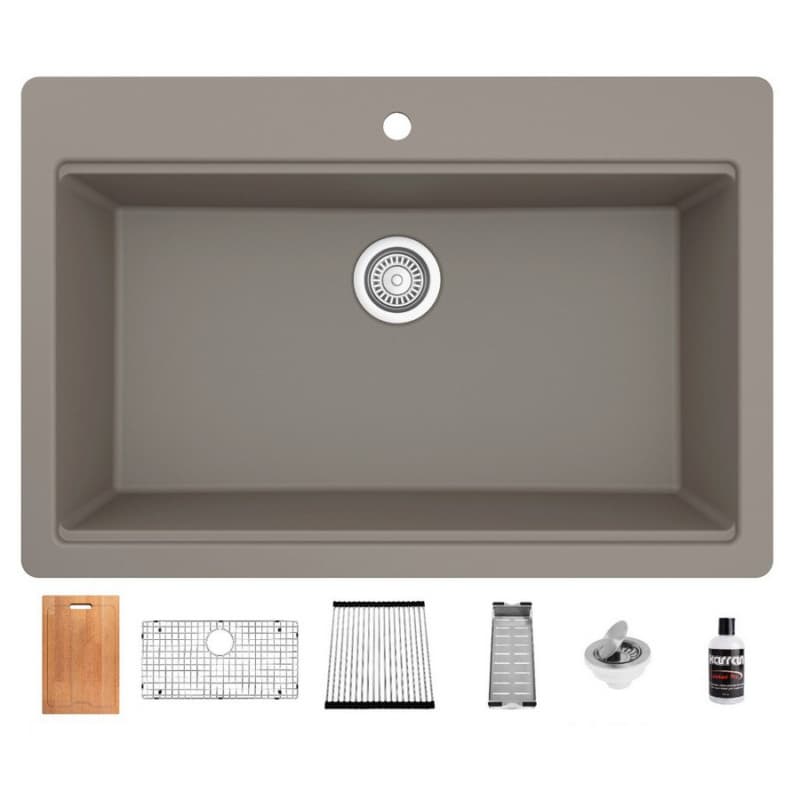 QTWS-875 Quartz Top Mount/Drop-In Large Single Bowl Workstation Kitchen Sink with Accessories, 33" x 22" x 9", Concrete