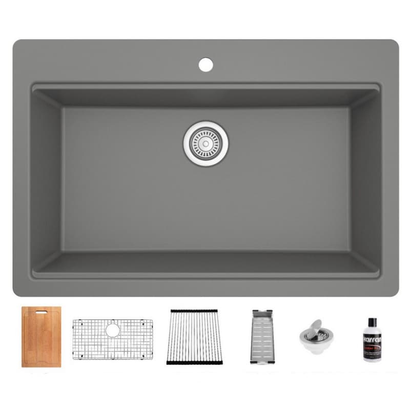 QTWS-875 Quartz Top Mount/Drop-In Large Single Bowl Workstation Kitchen Sink with Accessories, 33" x 22" x 9", Gray