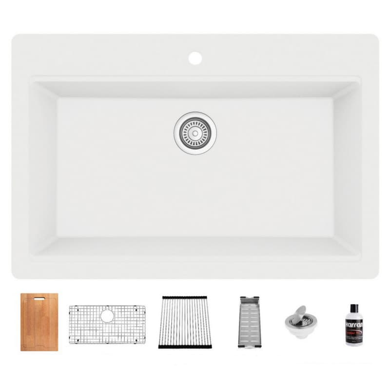QTWS-875 Quartz Top Mount/Drop-In Large Single Bowl Workstation Kitchen Sink with Accessories, 33" x 22" x 9", White