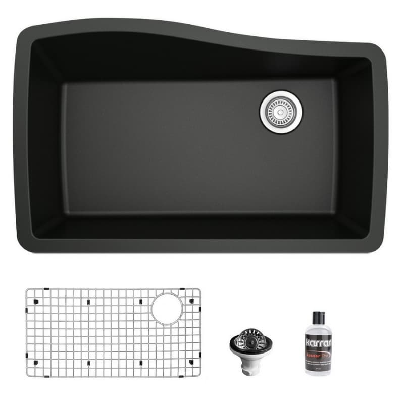 QU-722 Quartz Undermount Large Single Bowl Kitchen Sink Kit, 33-1/2" x 21" x 9", Black