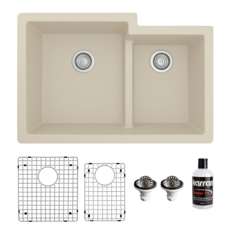 QU-811 Quartz Undermount Large/Small Bowl Kitchen Sink Kit, 32" x 21-1/4" x 9", Bisque