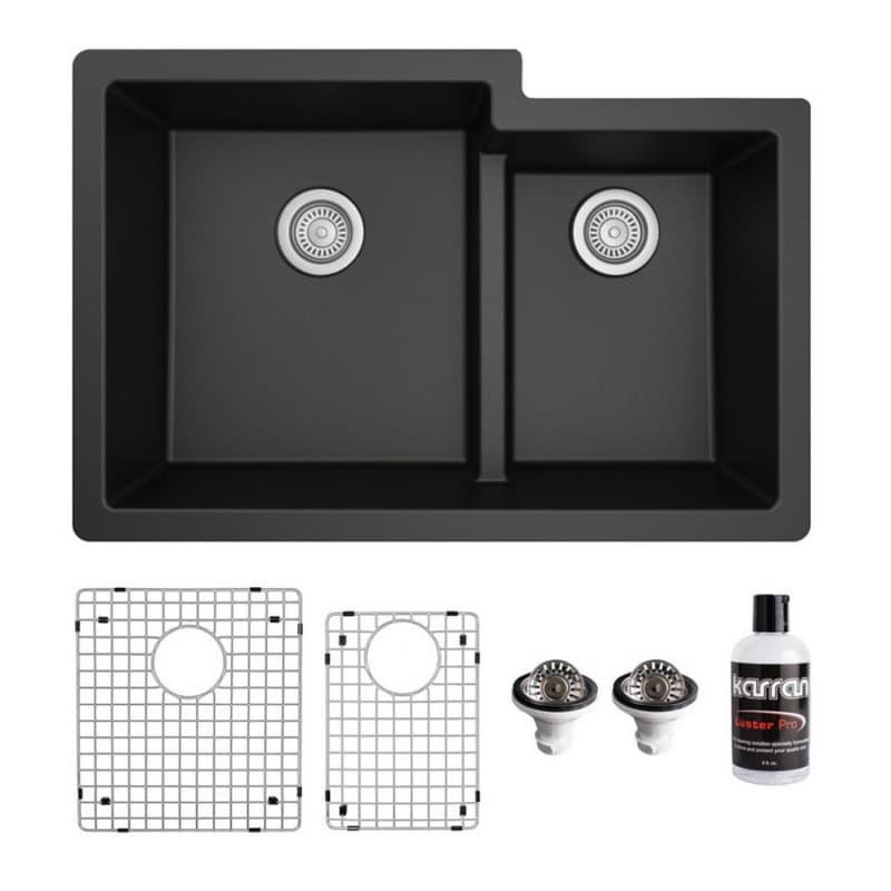 QU-811 Quartz Undermount Large/Small Bowl Kitchen Sink Kit, 32" x 21-1/4" x 9", Black