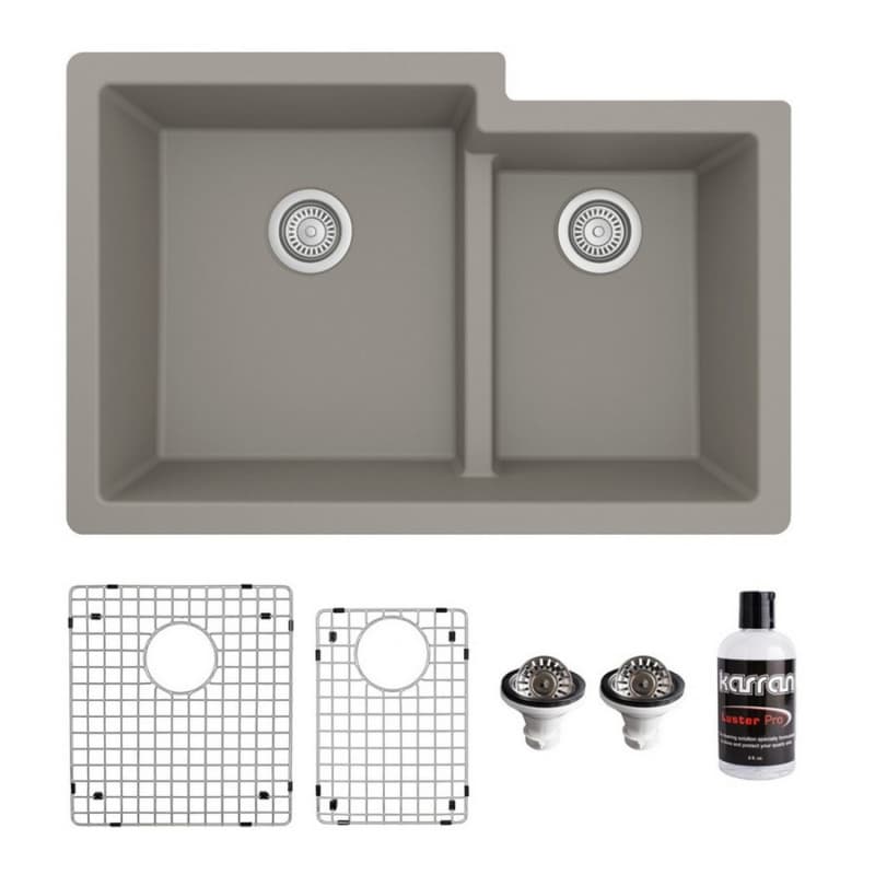 QU-811 Quartz Undermount Large/Small Bowl Kitchen Sink Kit, 32" x 21-1/4" x 9", Concrete