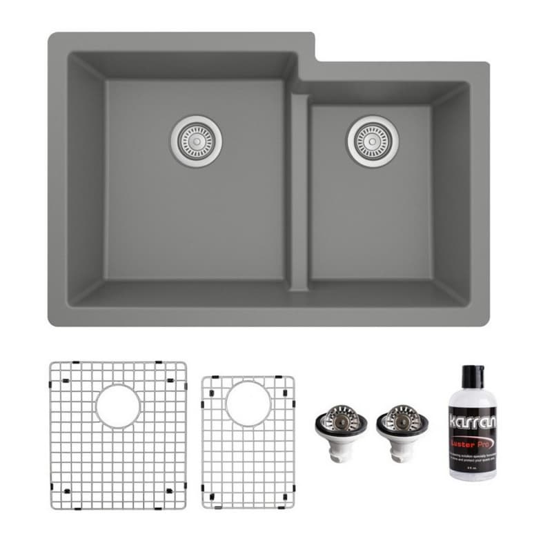 QU-811 Quartz Undermount Large/Small Bowl Kitchen Sink Kit, 32" x 21-1/4" x 9", Gray