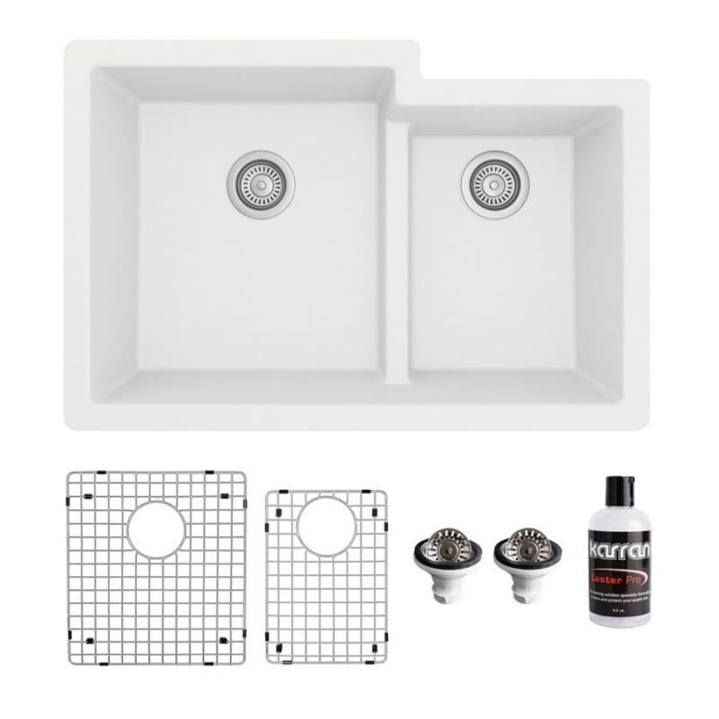 QU-811 Quartz Undermount Large/Small Bowl Kitchen Sink Kit, 32" x 21-1/4" x 9", White