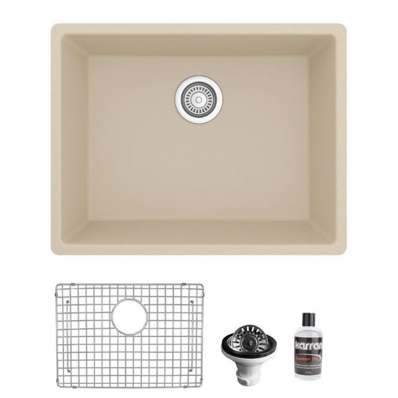 QU-820 Quartz Undermount Single Bowl Kitchen Sink Kit, 24-3/8" x 19-1/8" x 9", Bisque