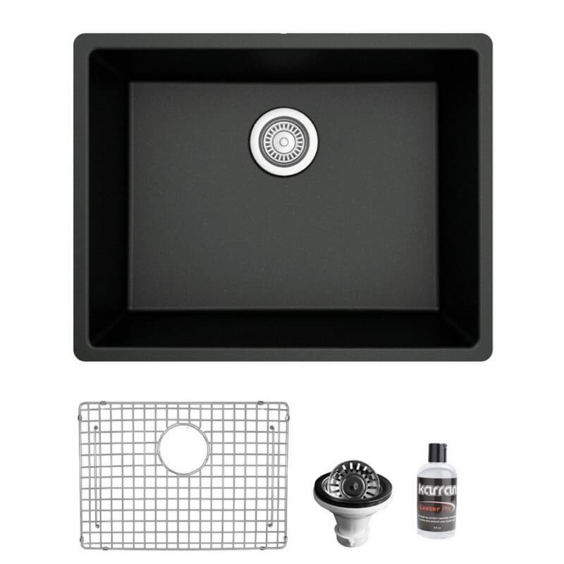 QU-820 Quartz Undermount Single Bowl Kitchen Sink Kit, 24-3/8" x 19-1/8" x 9", Black