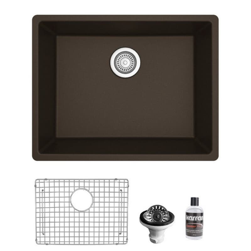 QU-820 Quartz Undermount Single Bowl Kitchen Sink Kit, 24-3/8" x 19-1/8" x 9", Brown