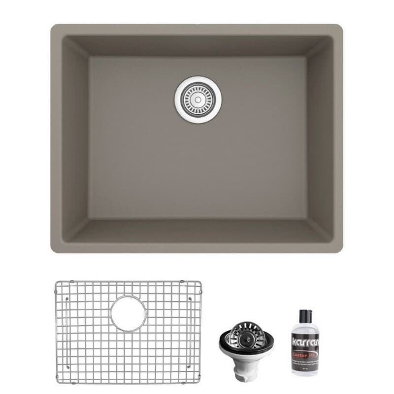 QU-820 Quartz Undermount Single Bowl Kitchen Sink Kit, 24-3/8" x 19-1/8" x 9", Concrete