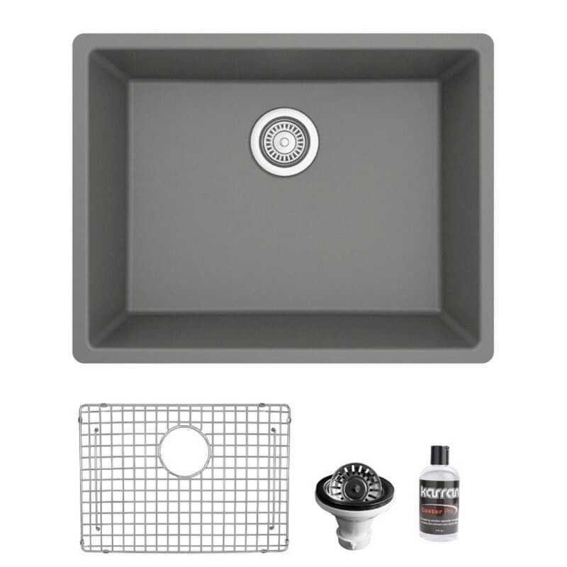 QU-820 Quartz Undermount Single Bowl Kitchen Sink Kit, 24-3/8" x 19-1/8" x 9", Gray
