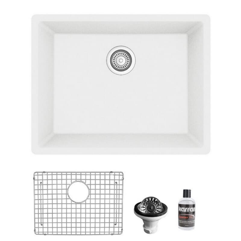 QU-820 Quartz Undermount Single Bowl Kitchen Sink Kit, 24-3/8" x 19-1/8" x 9", White