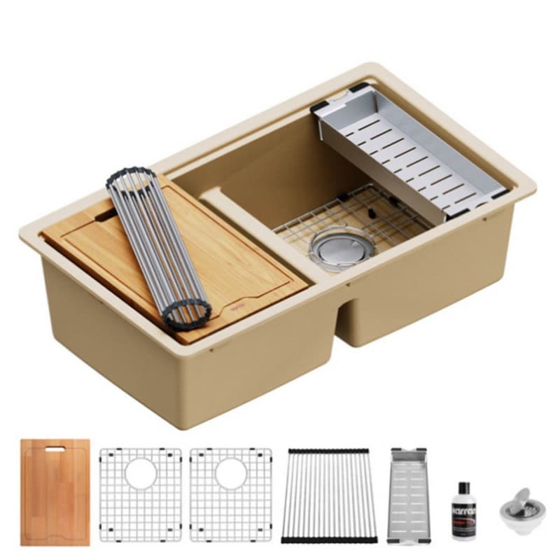 Quartz Undermount Double Equal 50/50 Bowl Workstation Kitchen Sink Kit, 32-1/2" x 19-1/4" x 9", Bisque