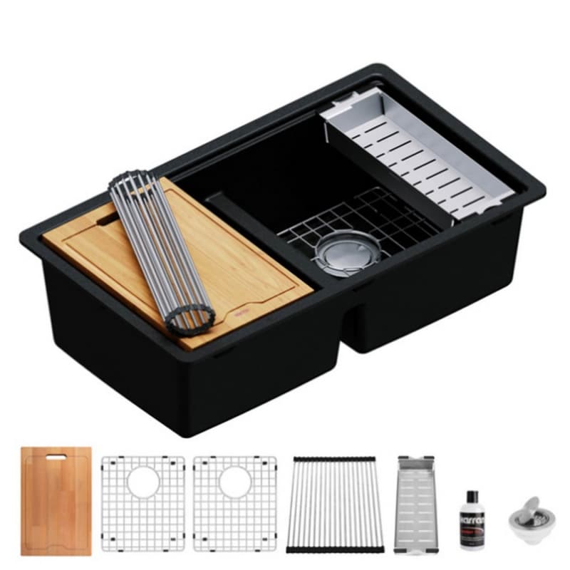 Quartz Undermount Double Equal 50/50 Bowl Workstation Kitchen Sink Kit, 32-1/2" x 19-1/4" x 9", Black