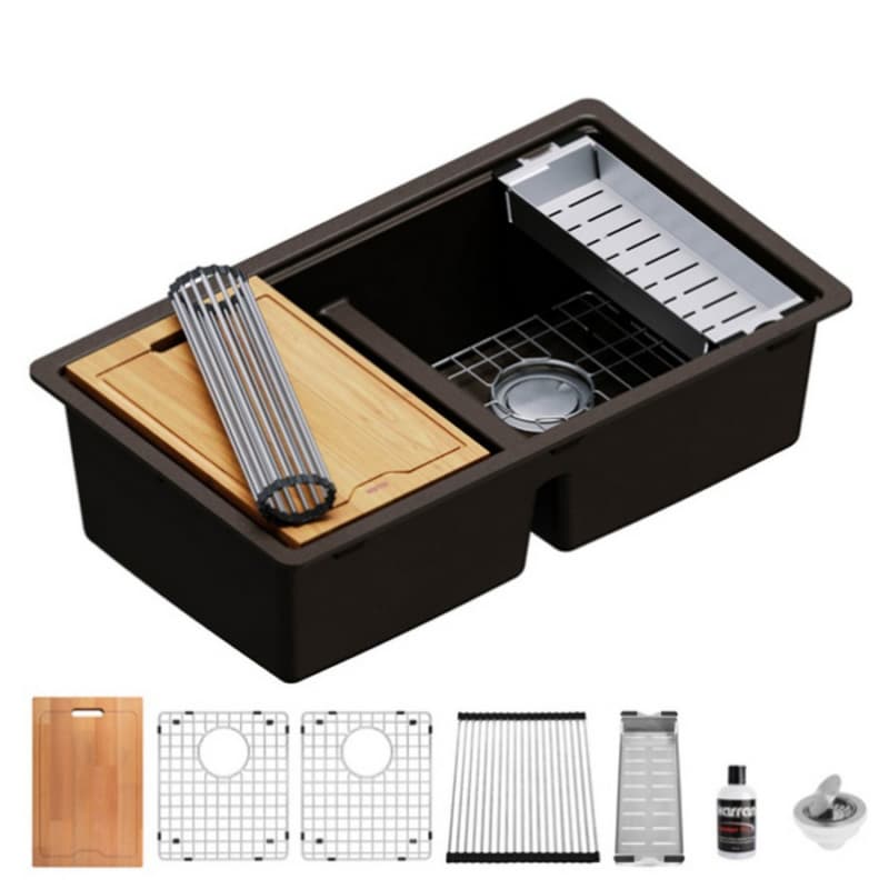 Quartz Undermount Double Equal 50/50 Bowl Workstation Kitchen Sink Kit, 32-1/2" x 19-1/4" x 9", Brown