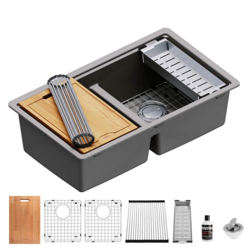 Quartz Undermount Double Equal 50/50 Bowl Workstation Kitchen Sink Kit, 32-1/2" x 19-1/4" x 9", Concrete