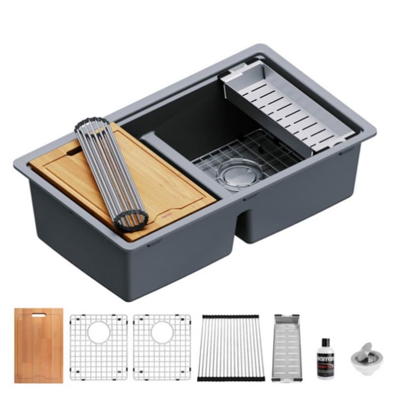 Quartz Undermount Double Equal 50/50 Bowl Workstation Kitchen Sink Kit, 32-1/2" x 19-1/4" x 9", Gray
