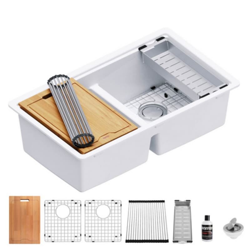 Quartz Undermount Double Equal 50/50 Bowl Workstation Kitchen Sink Kit, 32-1/2" x 19-1/4" x 9", White