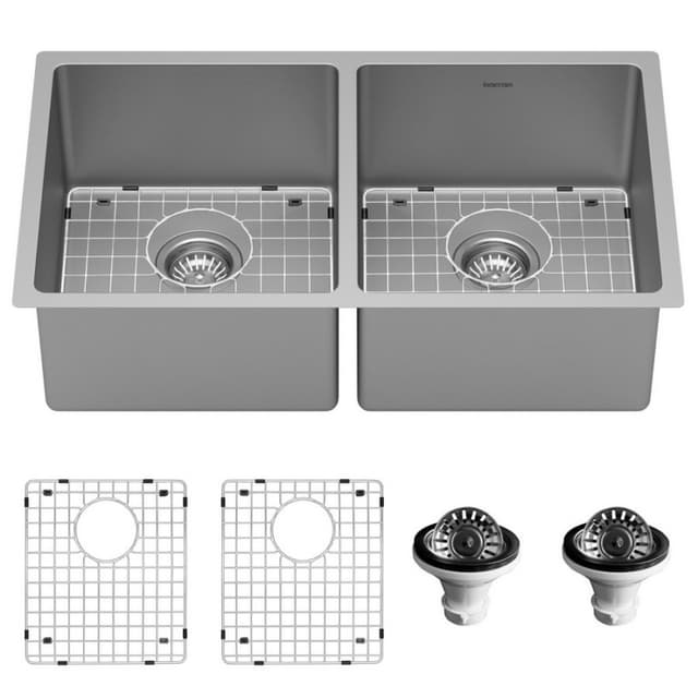 Select Stainless Steel Undermount 16G 50/50 Double Equal Bowl Kitchen Sink Kit, 32" x 18" x 9-1/2"
