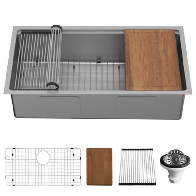 Elite Stainless Steel Undermount Single Bowl Workstation Kitchen Sink Kit, 36" x 18-3/4" x 10"