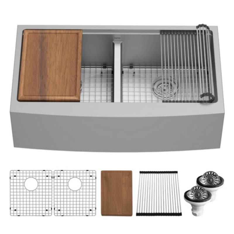 Elite Stainless Steel Farmhouse/Apron Front 16G Double Bowl Workstation Sink Kit, 36" x 21" x 10"
