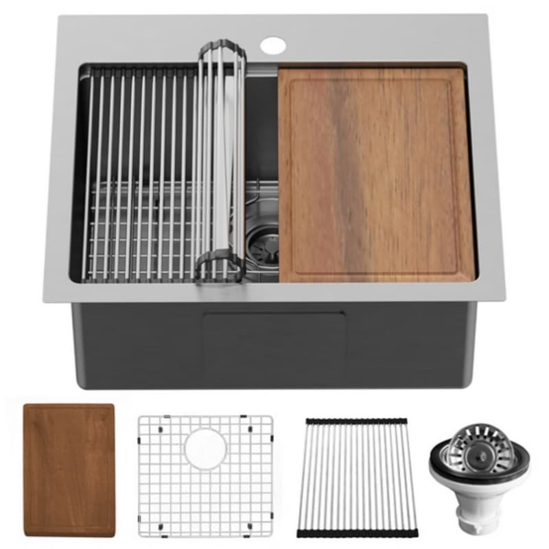 Elite Stainless Steel Top-Mount 16G Single Bowl Workstation Kitchen Sink Kit, 25" x 22" x 10"