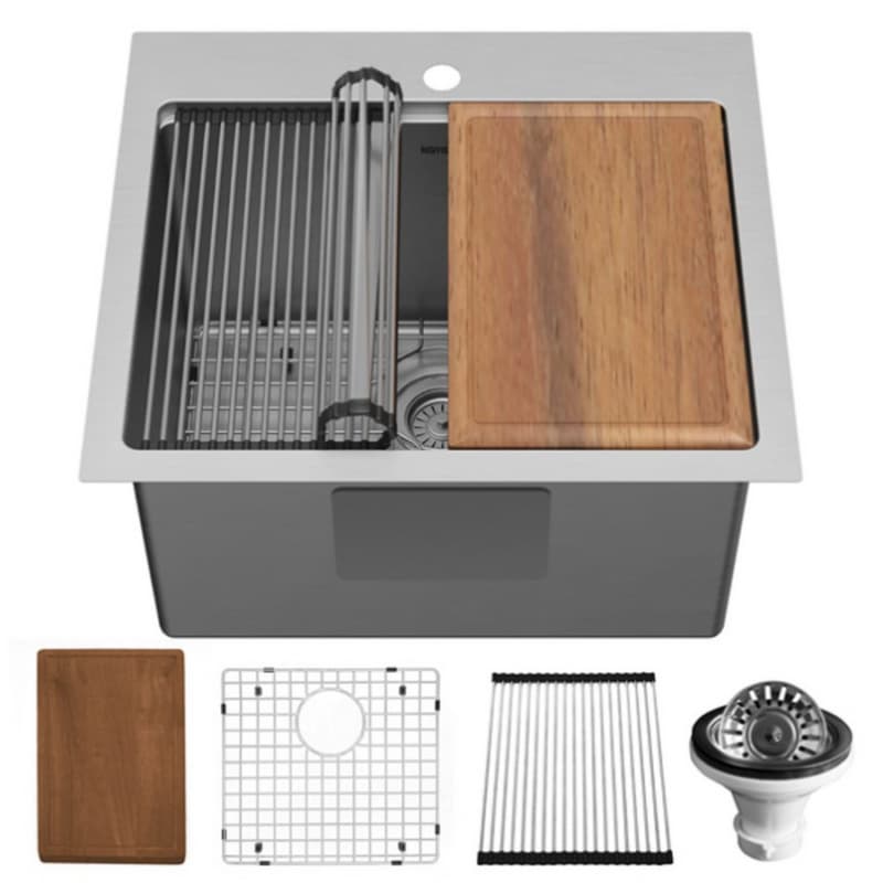Elite Stainless Steel Top-Mount 16G Single Bowl Workstation Kitchen Sink Kit with Deeper Bowl, 25" x 22" x 14"