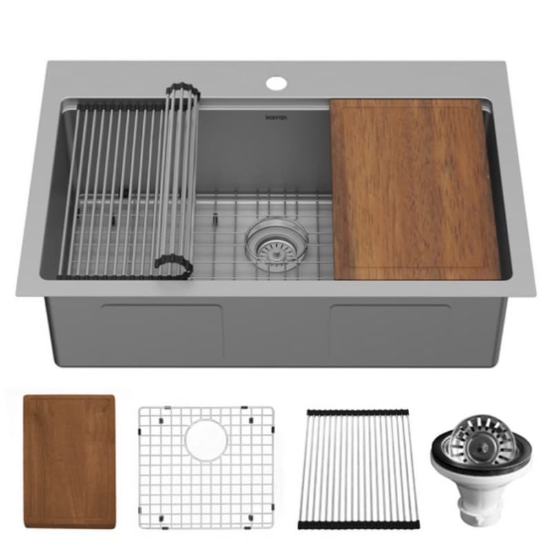 Elite Stainless Steel Top-Mount Single Bowl Workstation Kitchen Sink Kit, 33" x 22" x 10"