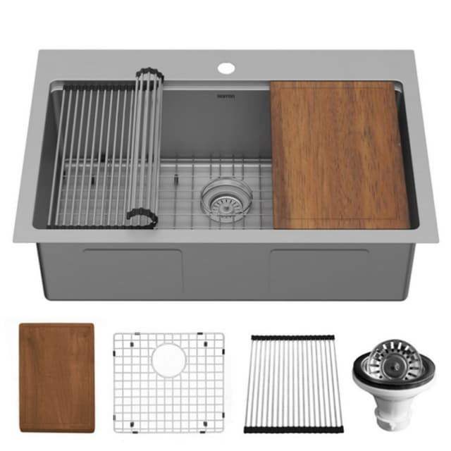 Elite Stainless Steel Top-Mount Single Bowl Workstation Kitchen Sink Kit, 33" x 22" x 10"