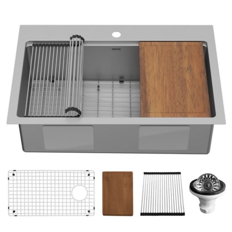Elite Stainless Steel Top-Mount Single Bowl Workstation Kitchen Sink Kit with Right Drain, 33" x 22" x 10"