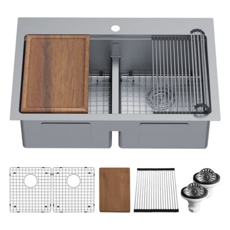 Elite Stainless Steel Top-Mount 16G Double Bowl Workstation Kitchen Sink Kit, 33" x 22" x 10"
