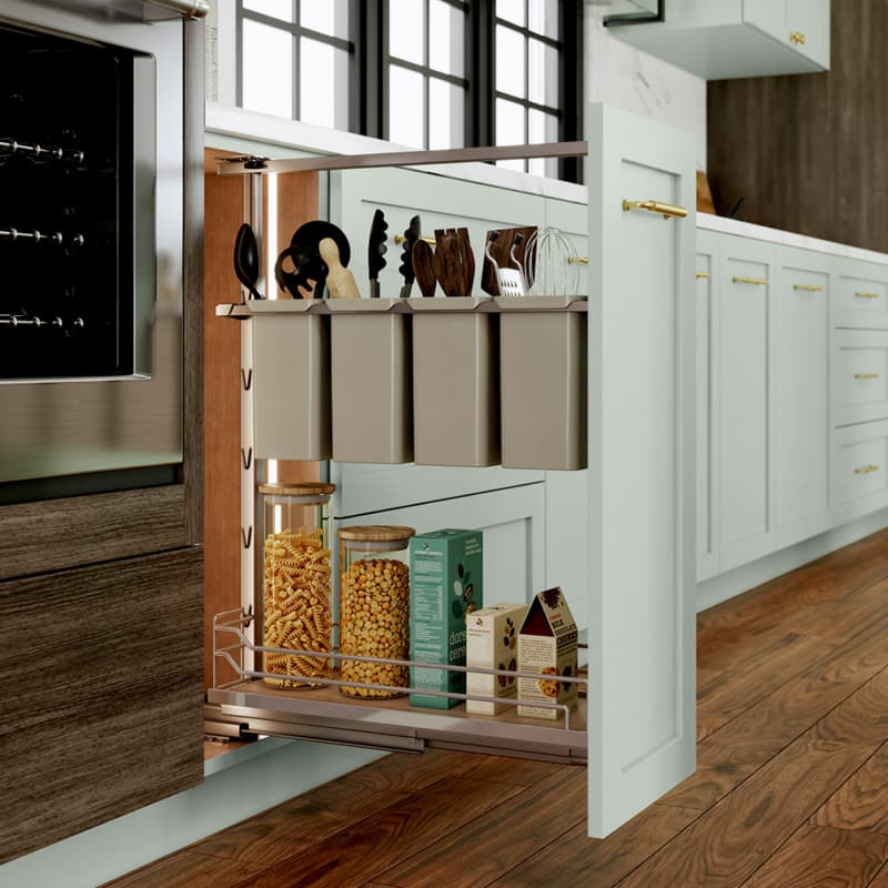 8" DISPENSA Base Cabinet Organizer Pull-Out with Soft-Close/Arena Plus Classic Shelves/Two Rails, Champagne/Maple, 24" - 32" Height