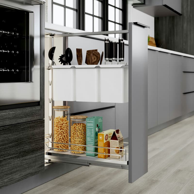 4-1/2" DISPENSA Base Pull-Out Knife Block/Arena Plus Shelf with Soft-Close, Chrome/White, 24" - 32" Height