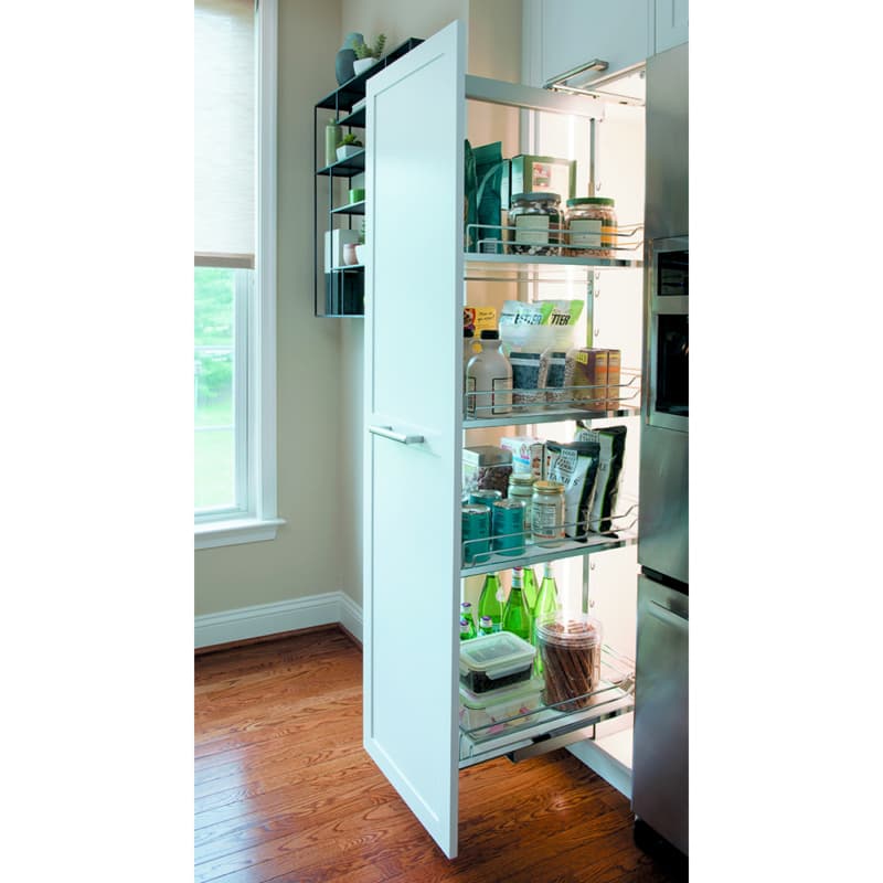 8" 6-Shelf DISPENSA Pantry Pull-Out Kit with Soft-Open/Soft-Close/Arena Plus Classic Shelves, Chrome/White, 62-7/8" - 78-3/4" Height