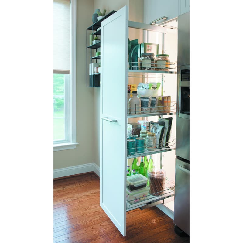 14" 6-Shelf DISPENSA Pantry Pull-Out Kit with Soft-Open/Soft-Close/Arena Plus Classic Shelves, Chrome/White, 74-3/4" - 90-1/2" Height