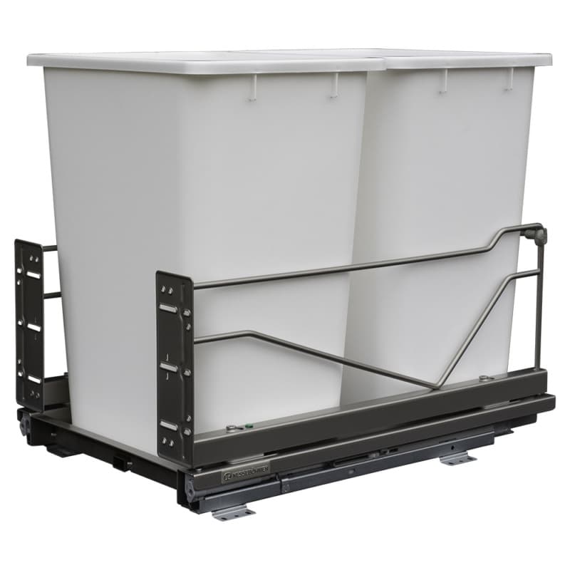 Double 36 QT Bottom-Mount Wastebin Pull-Out Kit with Soft-Open/Soft-Close, Silver/White
