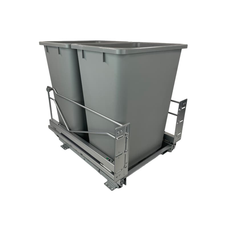Double 36 QT Bottom-Mount Wastebin Pull-Out Kit with Soft-Open/Soft-Close, Silver/Gray