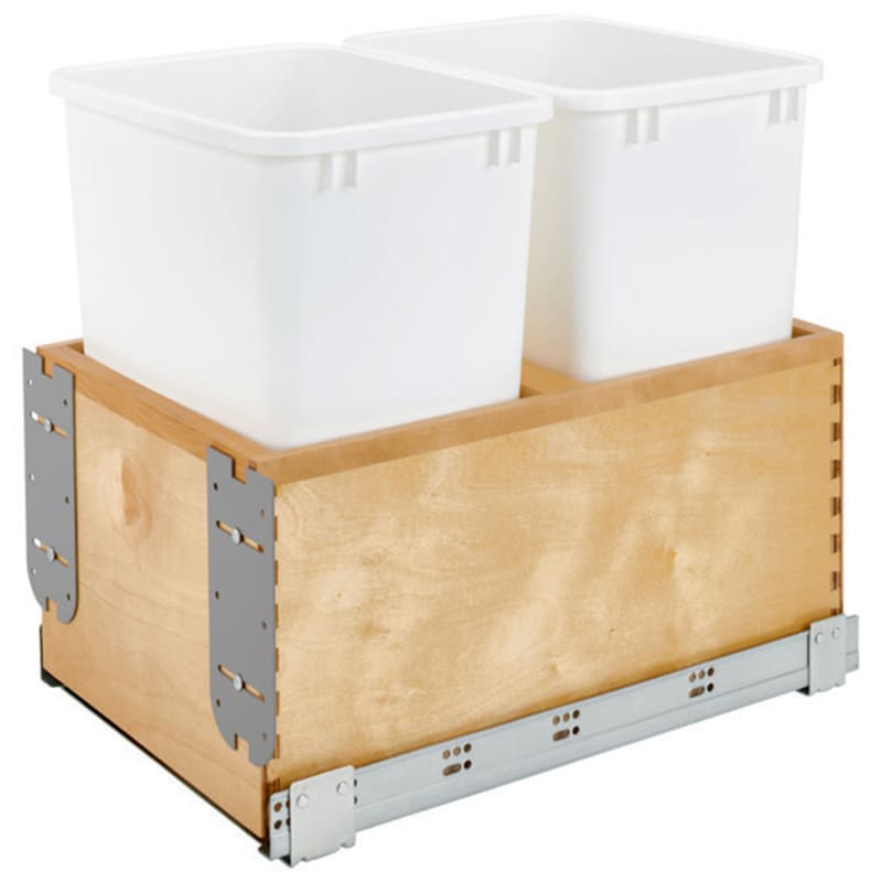 Double 35 QT Bottom-Mount Waste Container Pullout with Soft-Closing/Wood Carriage, White