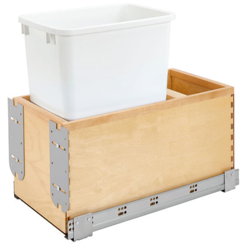 Single 50 QT Bottom-Mount Waste Container Pullout with Soft-Closing/Wood Carriage, White