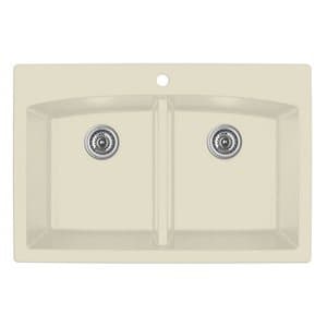 QT-710 Quartz Top Mount Double Equal Bowl Kitchen Sink, 33" x 22" x 9", Bisque