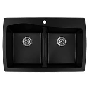 QT-720 Quartz Top Mount Double Equal Bowl Kitchen Sink, 34" x 22" x 9", Black