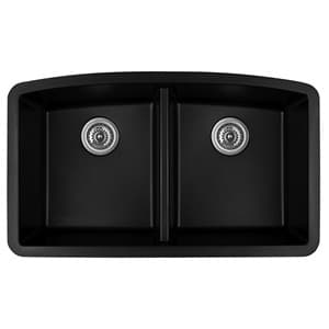 QU-710 Quartz Under Mount Double Equal Bowl Kitchen Sink, 32-1/2" x 19-1/2" x 9", Black